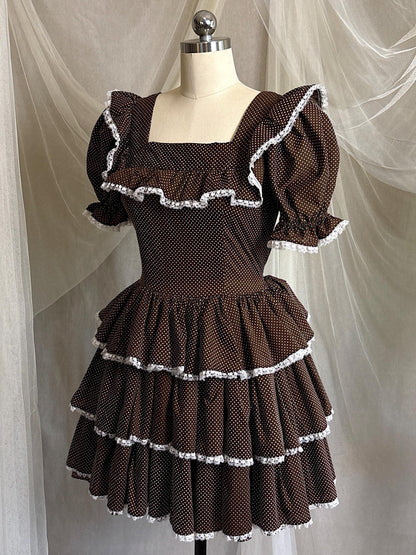 Vintage 1950's - 1960's Mini Dress | Deep Mocha Brown Cotton with White Swiss Dots & Ruffled Lace | S, M