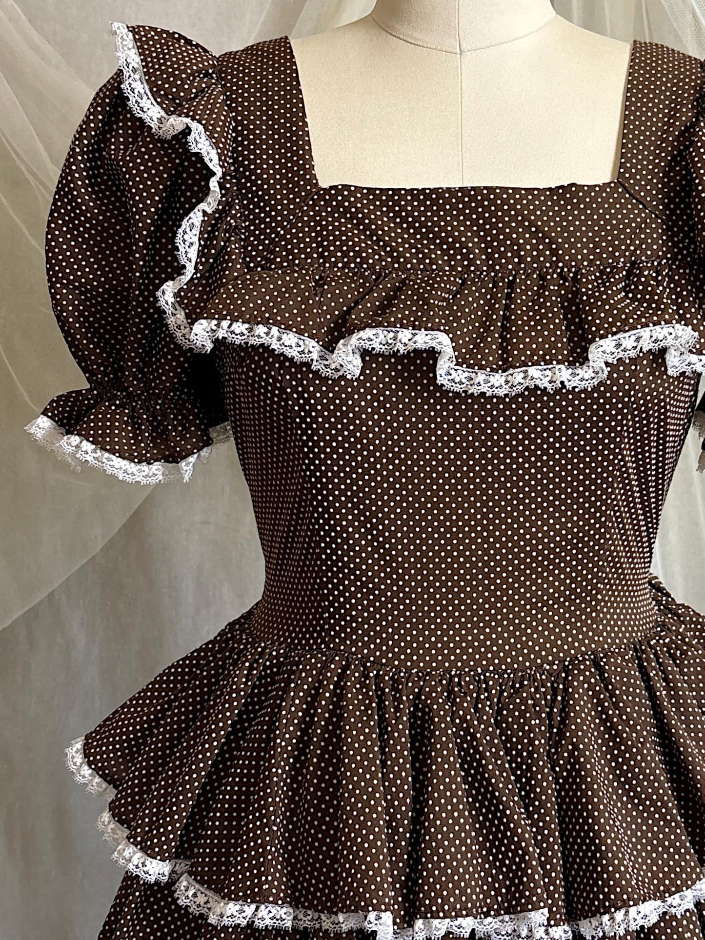 Vintage 1950's - 1960's Mini Dress | Deep Mocha Brown Cotton with White Swiss Dots & Ruffled Lace | S, M