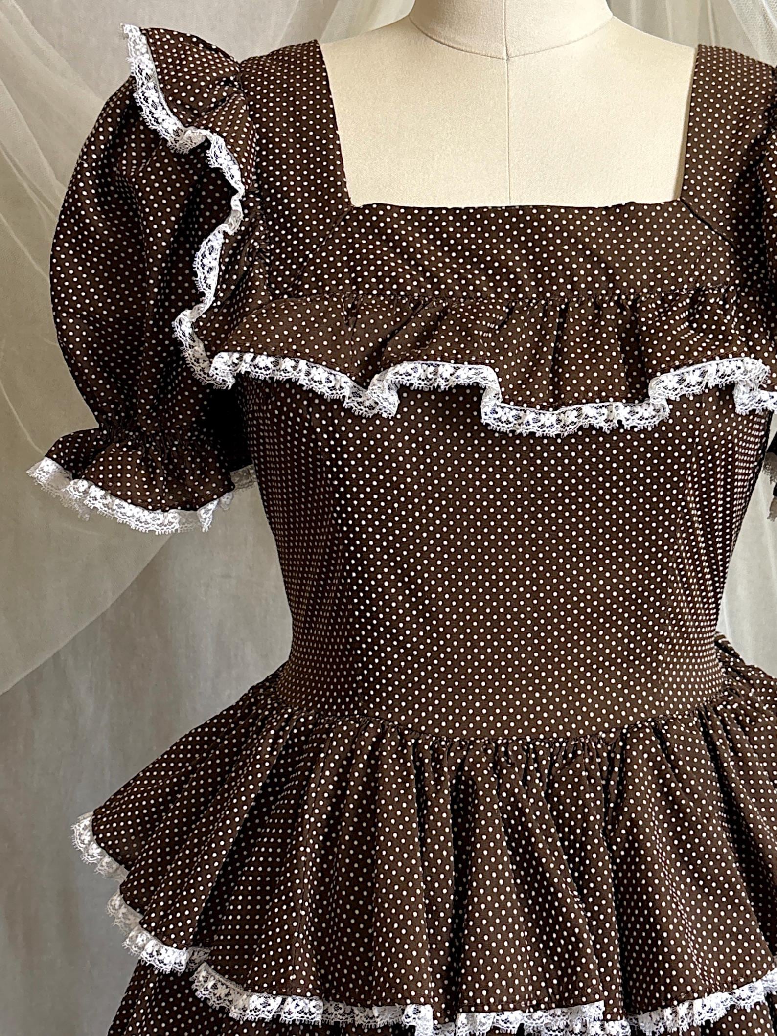 Vintage 1950's - 1960's Mini Dress | Deep Mocha Brown Cotton with White Swiss Dots & Ruffled Lace | S, M