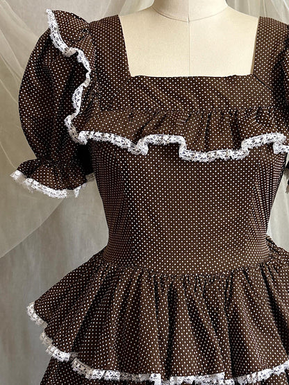 Vintage 1950's - 1960's Mini Dress | Deep Mocha Brown Cotton with White Swiss Dots & Ruffled Lace | S, M