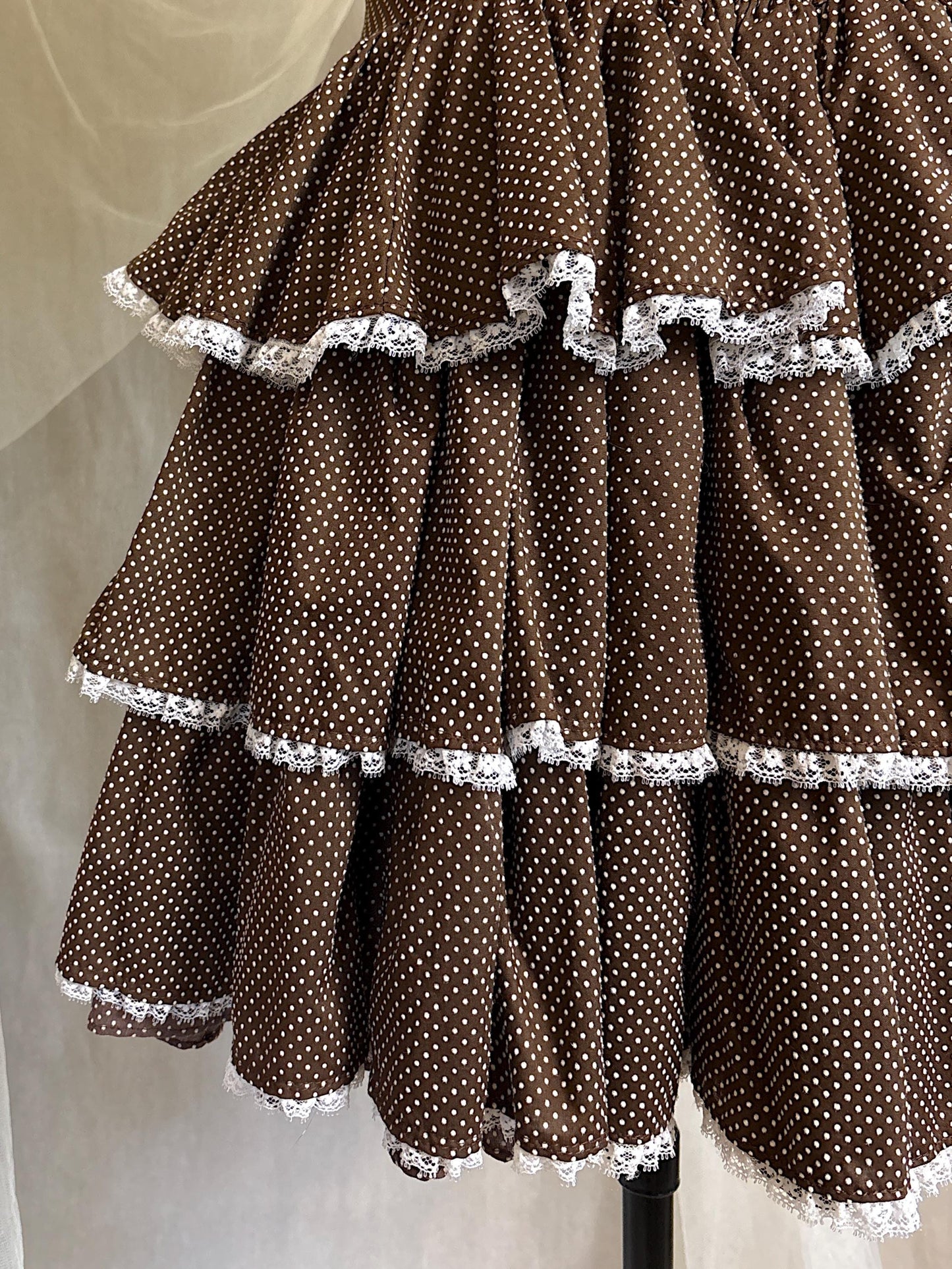 Vintage 1950's - 1960's Mini Dress | Deep Mocha Brown Cotton with White Swiss Dots & Ruffled Lace | S, M