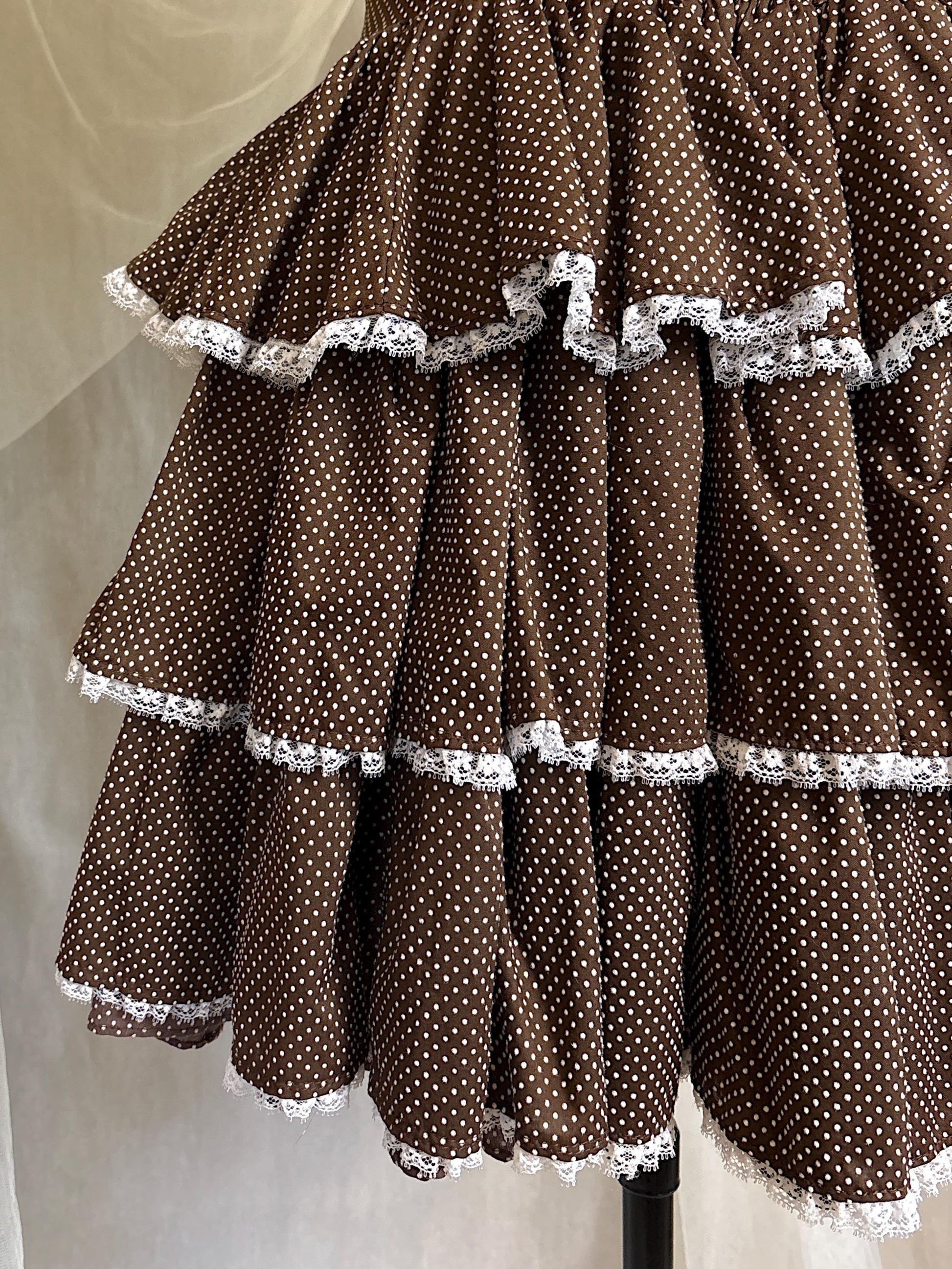 Vintage 1950's - 1960's Mini Dress | Deep Mocha Brown Cotton with White Swiss Dots & Ruffled Lace | S, M