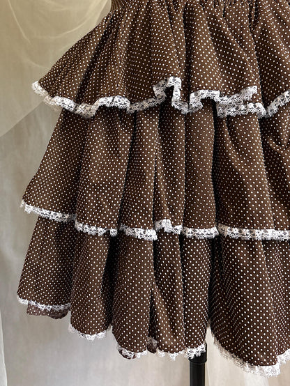 Vintage 1950's - 1960's Mini Dress | Deep Mocha Brown Cotton with White Swiss Dots & Ruffled Lace | S, M