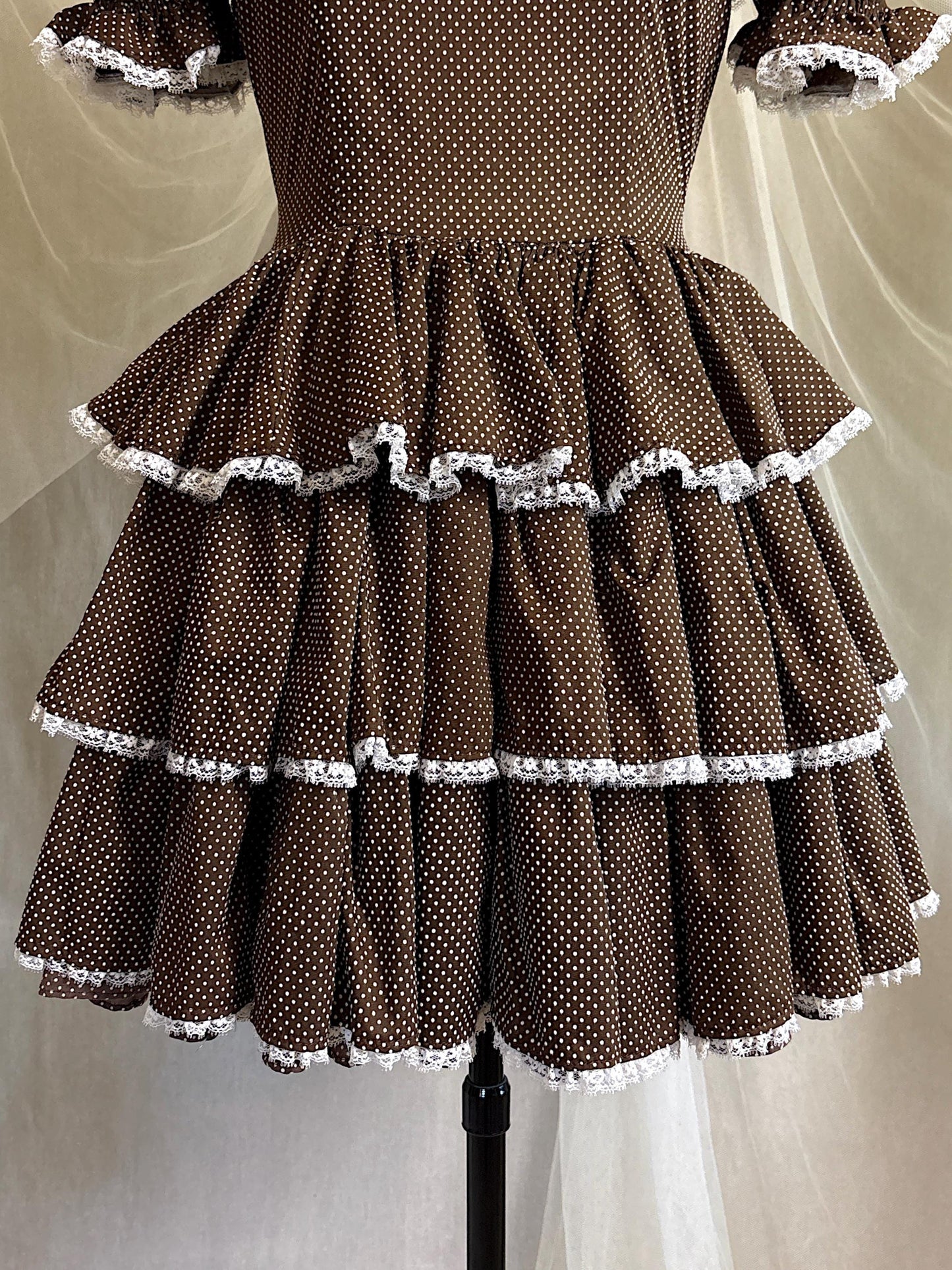 Vintage 1950's - 1960's Mini Dress | Deep Mocha Brown Cotton with White Swiss Dots & Ruffled Lace | S, M