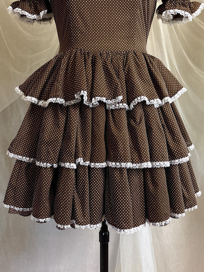 Vintage 1950's - 1960's Mini Dress | Deep Mocha Brown Cotton with White Swiss Dots & Ruffled Lace | S, M