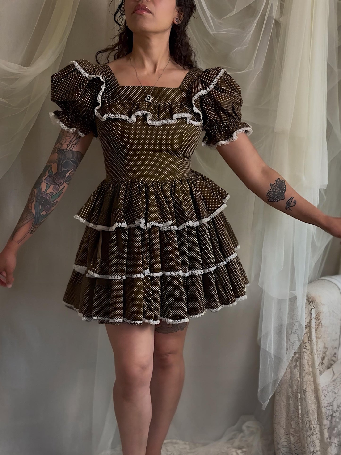 Vintage 1950's - 1960's Mini Dress | Deep Mocha Brown Cotton with White Swiss Dots & Ruffled Lace | S, M