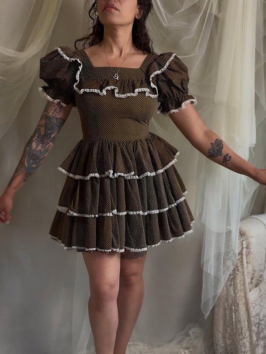 Vintage 1950's - 1960's Mini Dress | Deep Mocha Brown Cotton with White Swiss Dots & Ruffled Lace | S, M