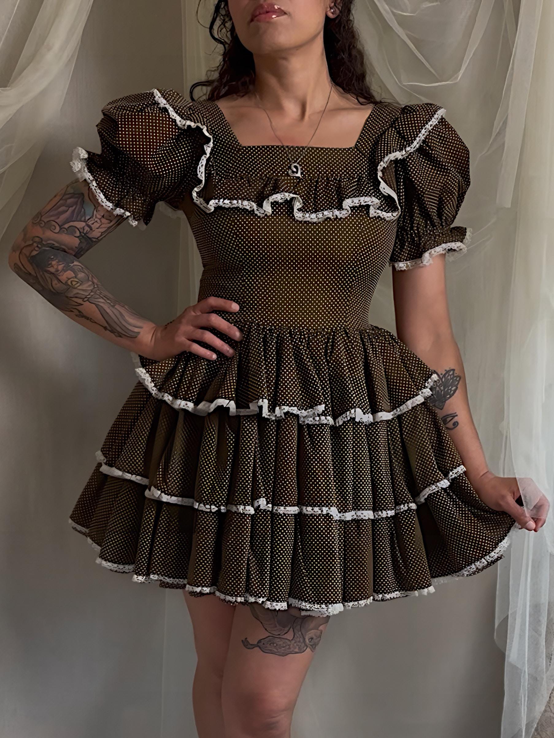 Vintage 1950's - 1960's Mini Dress | Deep Mocha Brown Cotton with White Swiss Dots & Ruffled Lace | S, M
