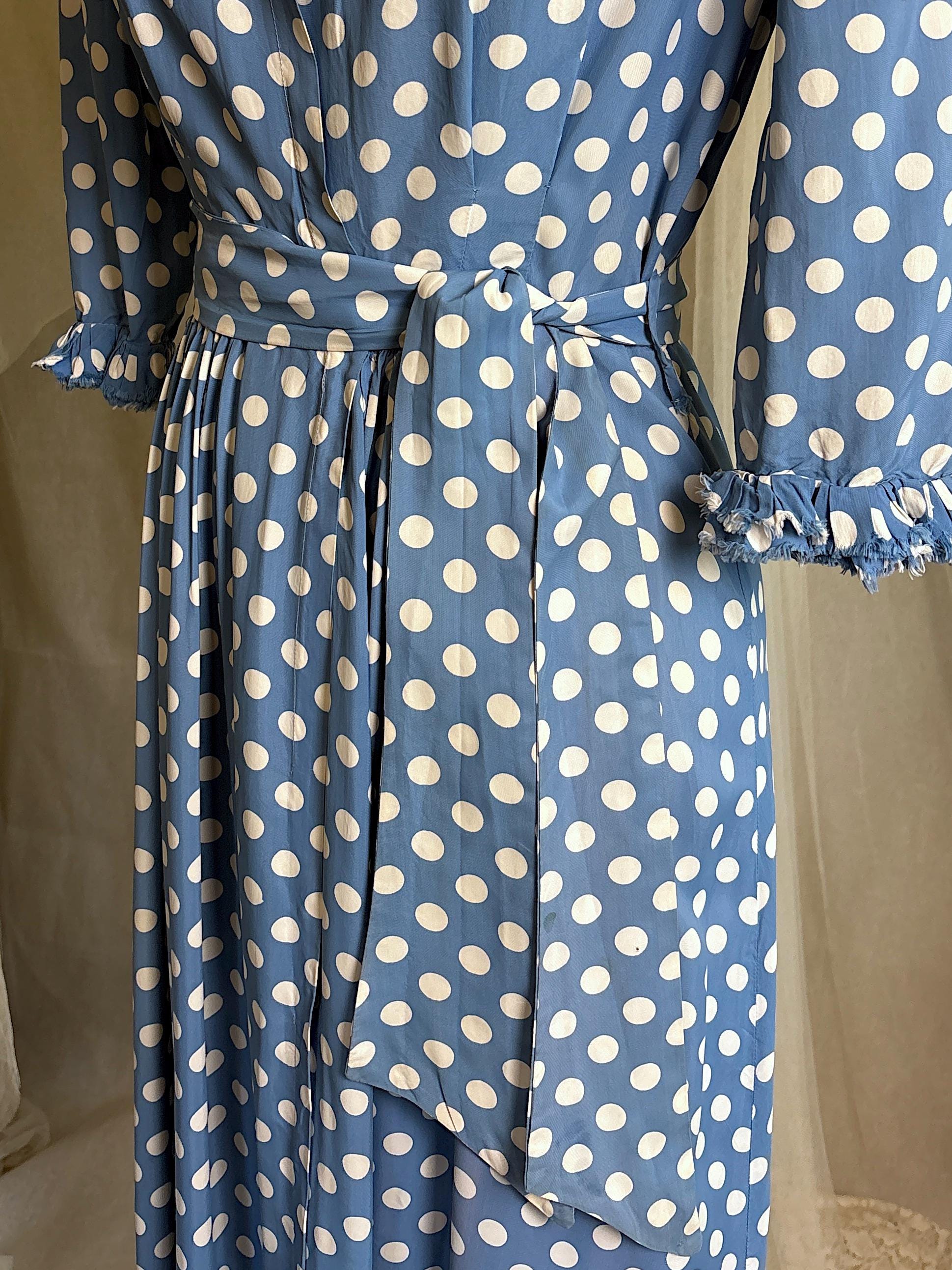 Vintage 1940's Dressing Gown Robe - Cornflower Blue Rayon with White Polka Dots & Ruffled Yoke - by Franklin Simon | S, M