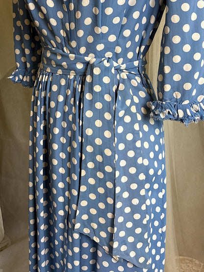 Vintage 1940's Dressing Gown Robe - Cornflower Blue Rayon with White Polka Dots & Ruffled Yoke - by Franklin Simon | S, M