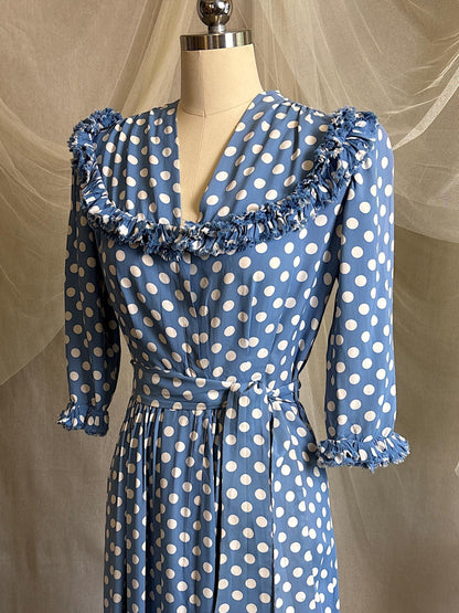 Vintage 1940's Dressing Gown Robe - Cornflower Blue Rayon with White Polka Dots & Ruffled Yoke - by Franklin Simon | S, M