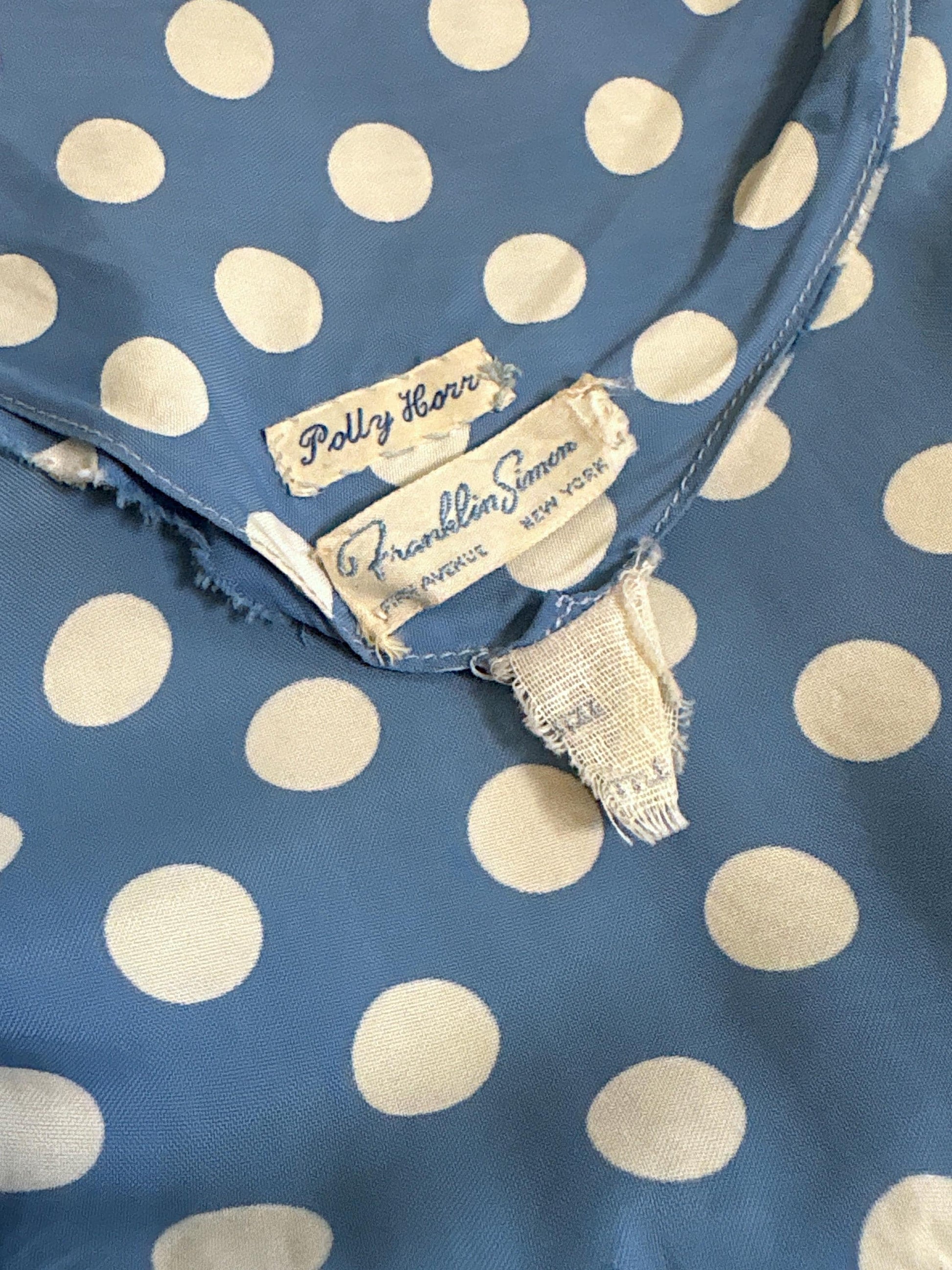 Vintage 1940's Dressing Gown Robe - Cornflower Blue Rayon with White Polka Dots & Ruffled Yoke - by Franklin Simon | S, M