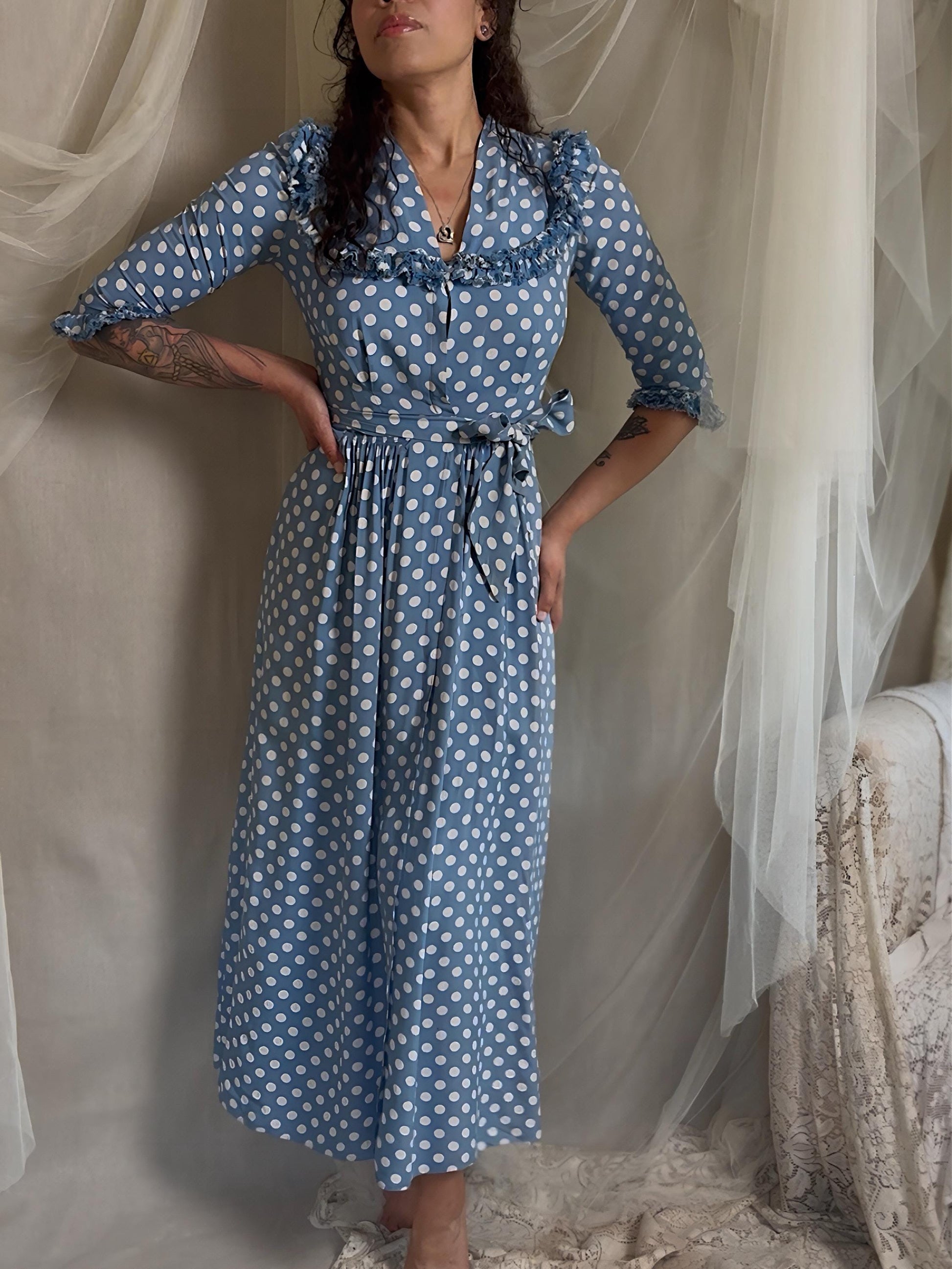 Vintage 1940's Dressing Gown Robe - Cornflower Blue Rayon with White Polka Dots & Ruffled Yoke - by Franklin Simon