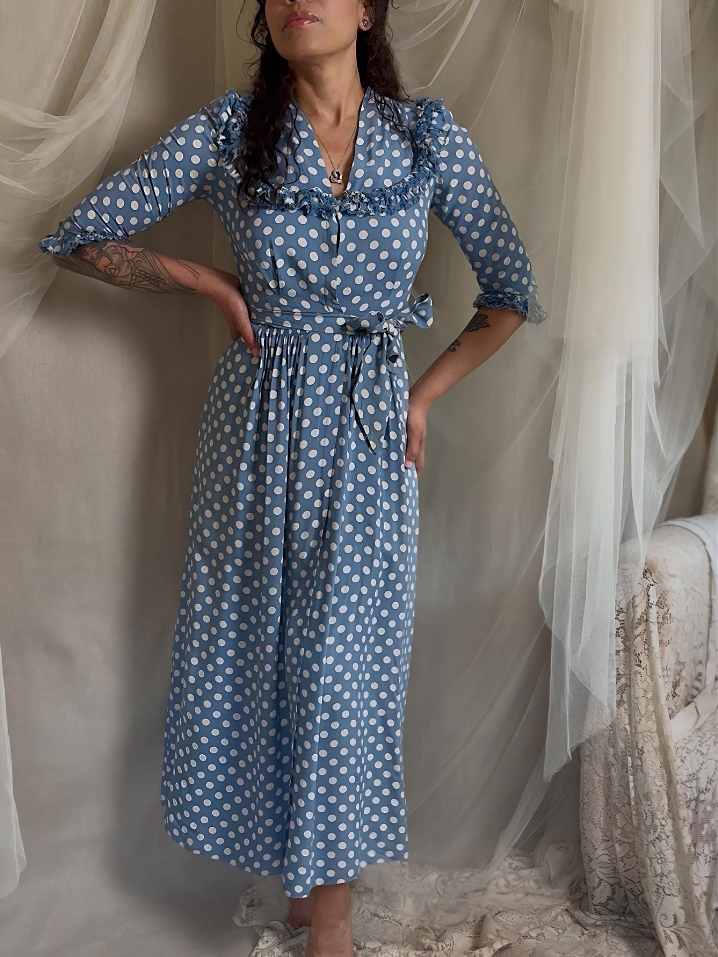 Vintage 1940's Dressing Gown Robe - Cornflower Blue Rayon with White Polka Dots & Ruffled Yoke - by Franklin Simon | S, M
