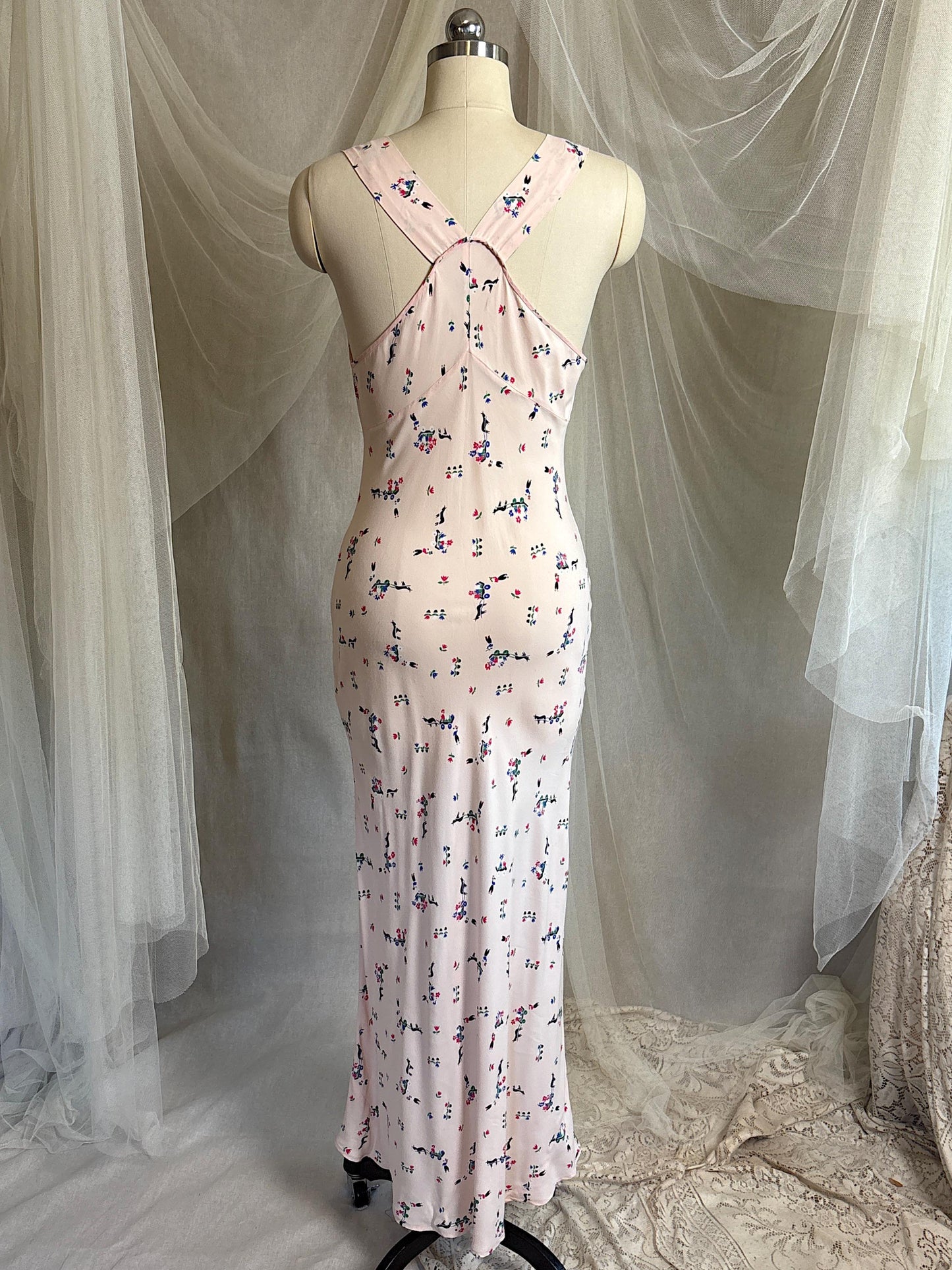 Vintage 1940's Nightgown - Pale Pink Rayon with Scandinavian Folk Floral Print | XXS, XS