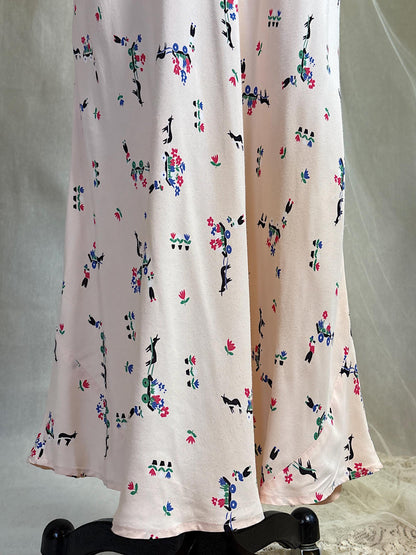 Vintage 1940's Nightgown - Pale Pink Rayon with Scandinavian Folk Floral Print | XXS, XS