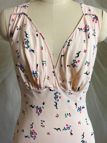 Vintage 1940's Nightgown - Pale Pink Rayon with Scandinavian Folk Floral Print | XXS, XS