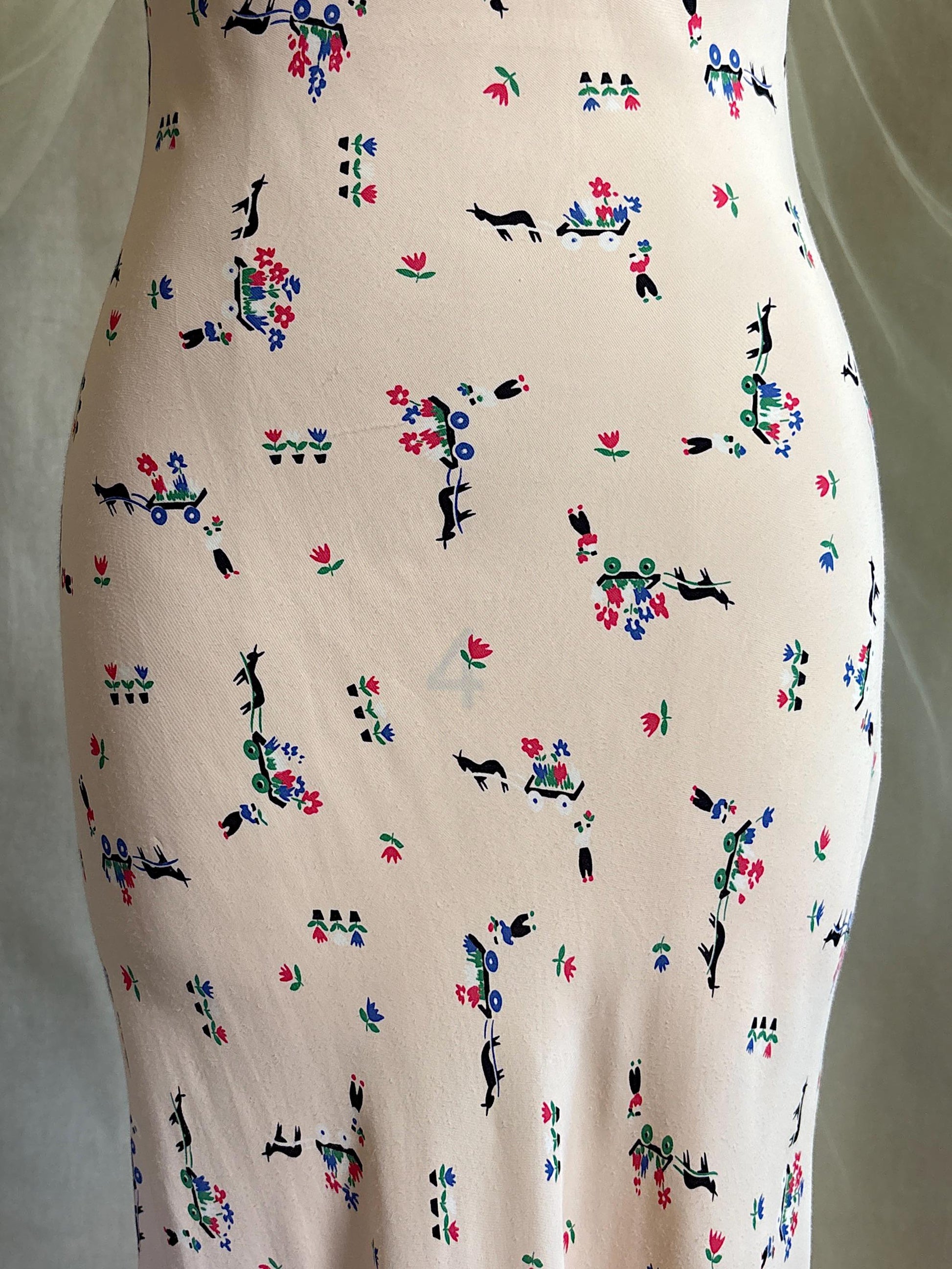 Vintage 1940's Nightgown - Pale Pink Rayon with Scandinavian Folk Floral Print | XXS, XS