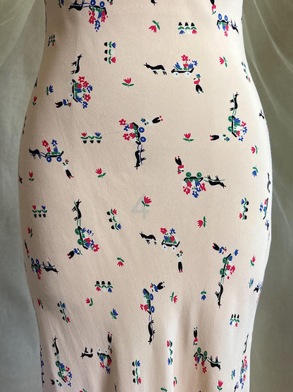 Vintage 1940's Nightgown - Pale Pink Rayon with Scandinavian Folk Floral Print | XXS, XS