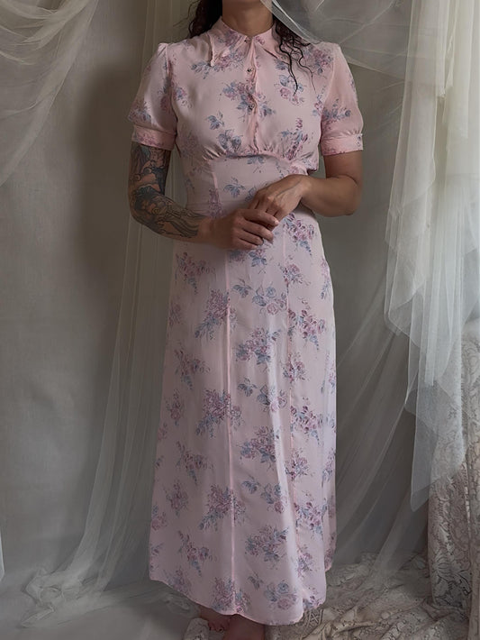 Vintage 1940's Nightgown - Semi Sheer Tea Rose Pink Rayon Chiffon with Floral Print | XS, S