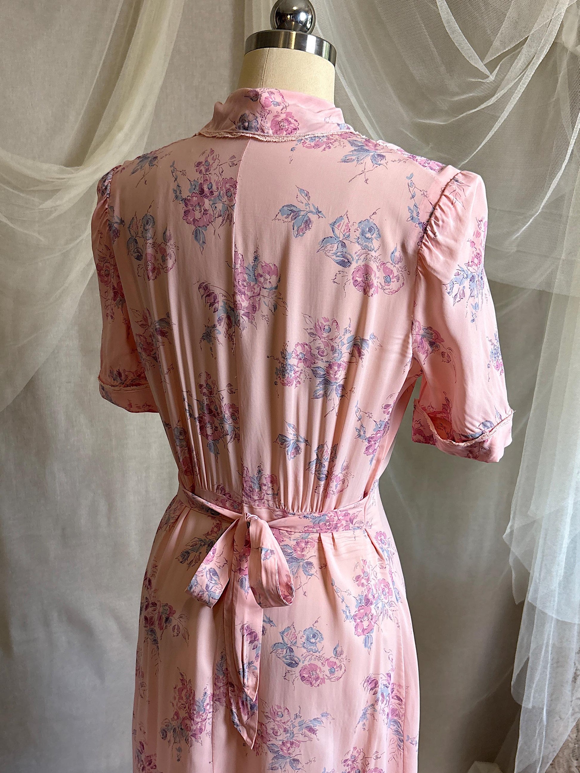 Vintage 1940's Nightgown - Semi Sheer Tea Rose Pink Rayon Chiffon with Floral Print | XS, S