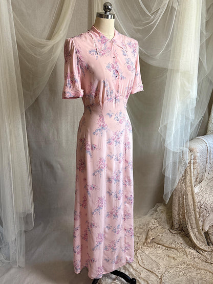 Vintage 1940's Nightgown - Semi Sheer Tea Rose Pink Rayon Chiffon with Floral Print | XS, S