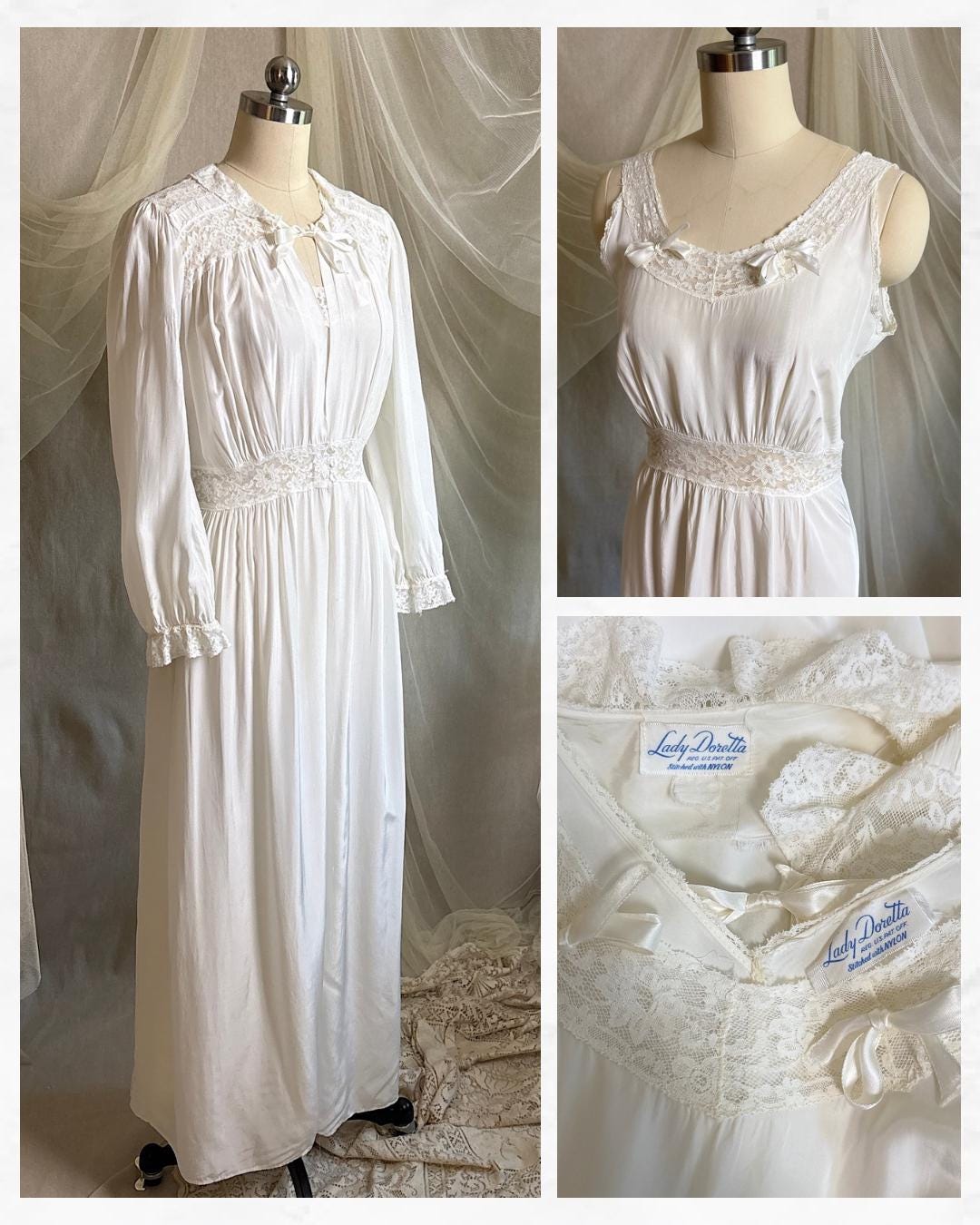 Vintage 1940's Nightgown & Peignoir Set - White Rayon with Cotton Lace by Lady Doretta | XS, S