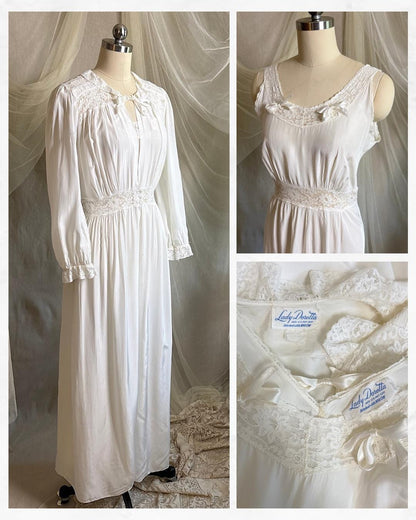 Vintage 1940's Nightgown & Peignoir Set - White Rayon with Cotton Lace by Lady Doretta | XS, S