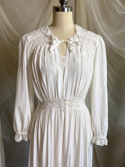 Vintage 1940's Nightgown & Peignoir Set - White Rayon with Cotton Lace by Lady Doretta | XS, S