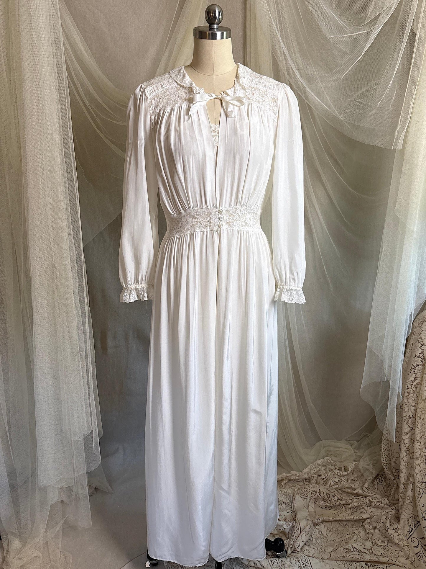 Vintage 1940's Nightgown & Peignoir Set - White Rayon with Cotton Lace by Lady Doretta | XS, S