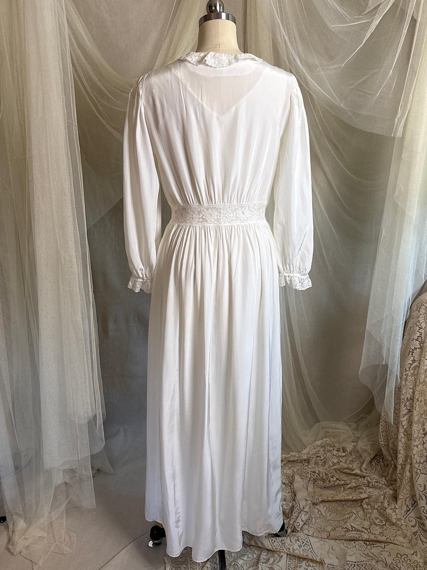 Vintage 1940's Nightgown & Peignoir Set - White Rayon with Cotton Lace by Lady Doretta | XS, S
