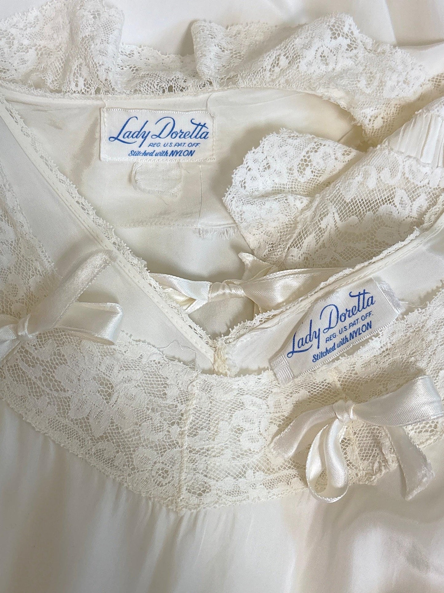 Vintage 1940's Nightgown & Peignoir Set - White Rayon with Cotton Lace by Lady Doretta | XS, S