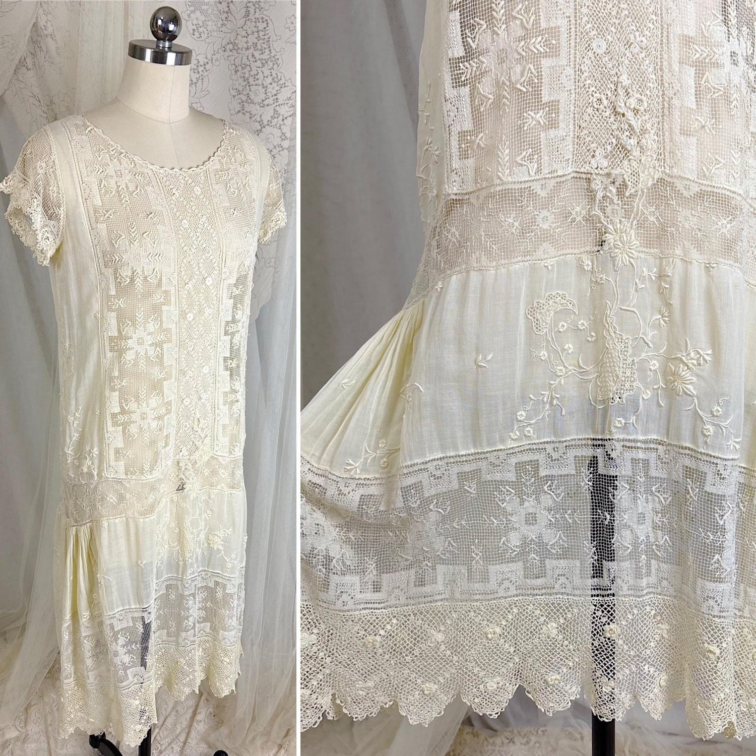 Late 1910's - 1920's Dress - Buttermilk Embroidered Cotton Lawn with Irish & Filet Lace - Size S, M - Daggers & Dames