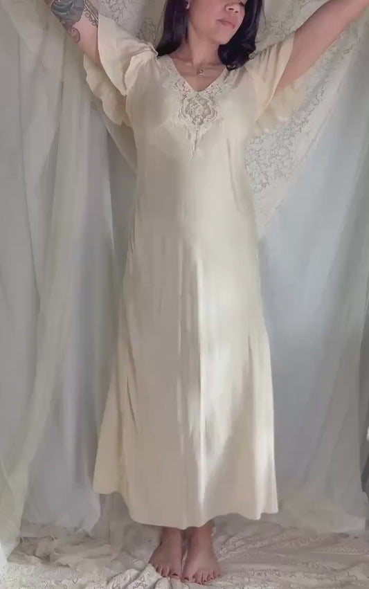 Vintage 1930's Hand Stitched Ivory Silk Nightgown with Irish Crochet Lace - Size XS, S