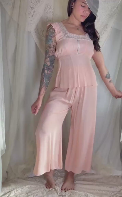 Vintage 1940's Pajama Set - Creamy Rose Pink Rayon with Nude Lace & Blue Silk Ribbon Detail - Size S, M