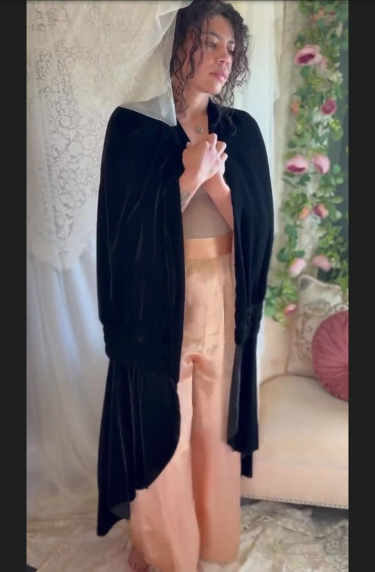 Antique 1920s Cocoon Cape - Lush Black Velvet with Luxurious Gold Silk Lining