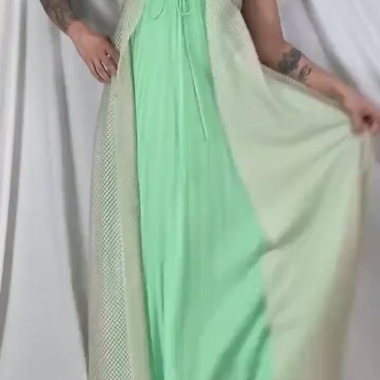 Vintage 1960's - 1970's Peignoir Set | Pistachio Green Pleated Satin with Cream Polka Dot & Floral Lace | Size XS, S | Odette Barsa