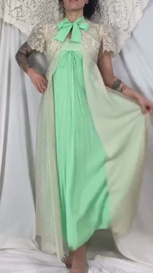 Vintage 1960's - 1970's Peignoir Set | Pistachio Green Pleated Satin with Cream Polka Dot & Floral Lace | Size XS, S | Odette Barsa