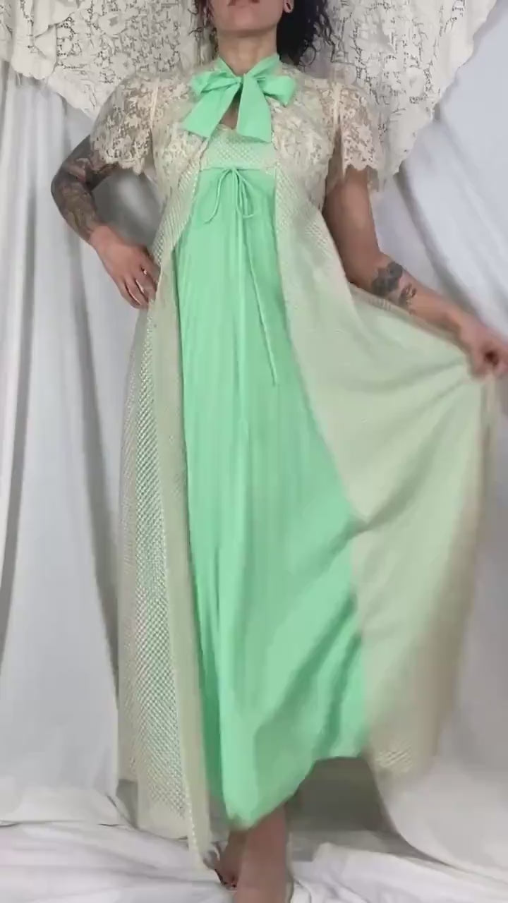Vintage 1960's - 1970's Peignoir Set | Pistachio Green Pleated Satin with Cream Polka Dot & Floral Lace | Size XS, S | Odette Barsa