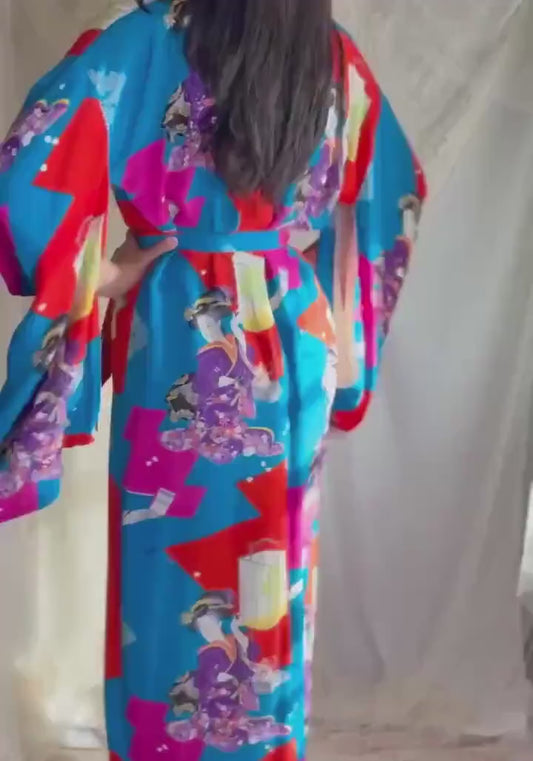 Vintage 1940's Bold Art Deco Wood Block Geisha Print Silk Kimono Robe with Fringe Sash