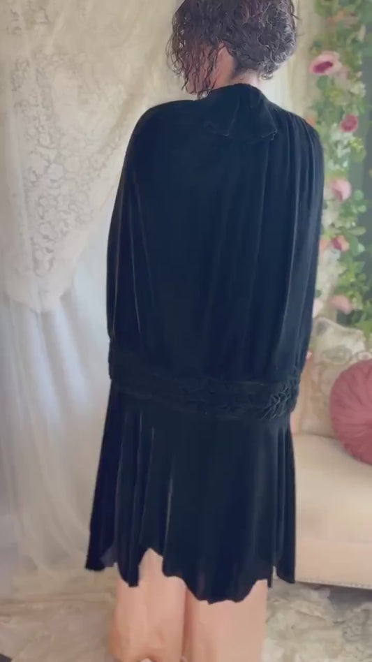 Antique 1920s Cocoon Cape - Lush Black Velvet with Luxurious Gold Silk Lining