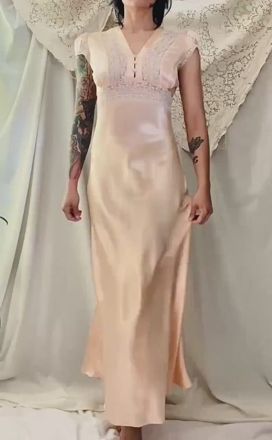 Vintage 1940's Nightgown | Rich Peach Rayon Satin with Embroidered Sheer Chiffon Inserts | Size S, M