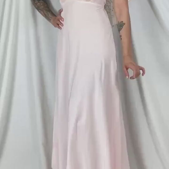Vintage 1940's Nightgown | Baby Pink Rayon with Ruffled Cotton Lace & Silk Appliqués | Size S, M