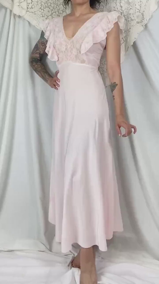 Vintage 1940's Nightgown | Baby Pink Rayon with Ruffled Cotton Lace & Silk Appliqués | Size S, M