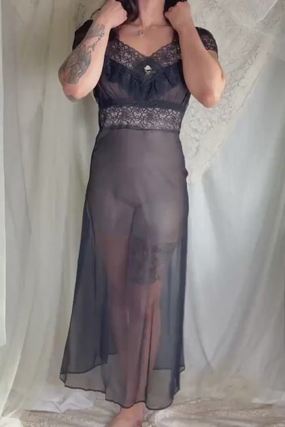Vintage 1940's Sheer Black Rayon Chiffon Nightgown with Lace - Never Worn, Size S, M