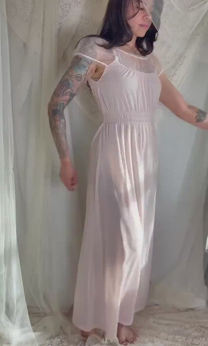 Vintage 1950's Powder Pink Nylon Nightgown with Sheer Tulle & Puffed Sleeves - By Binstron, Size S, M