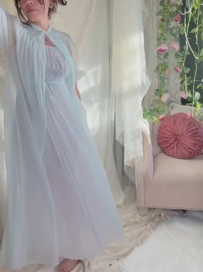 Vintage 1950's - 1960's Peignoir Set - Sheer Sky Blue & Baby Pink Nylon Chiffon with Diamond Shirring - by Carter's