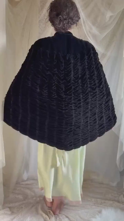 Vintage 1930's - 1940's Cape - Inky Black Rayon Velvet with Coffin Pleating & Satin Lining