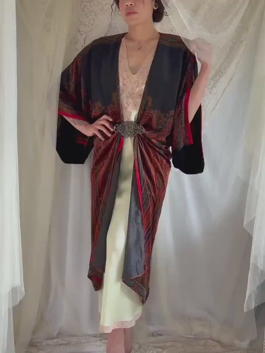 Vintage 1960's does 1920's Robe - Art Nouveau Revival Indigo Velour with Persian Boteh Pattern Metal Clasp | M, LG