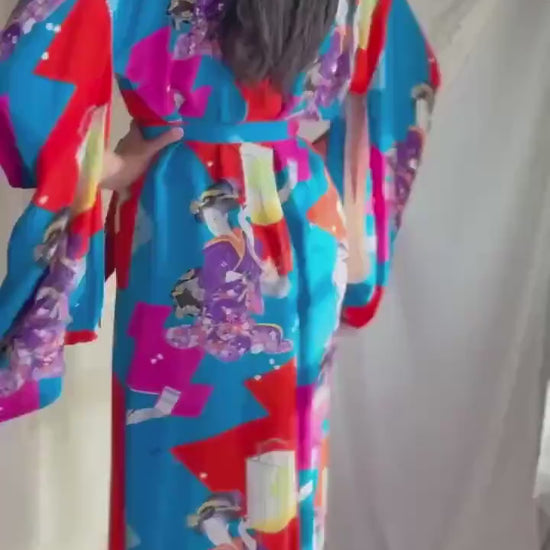 Vintage 1940's Japanese Kimono - Bold Cerulean Blue Silk with Woodblock Print & Fringe Sash | One Size